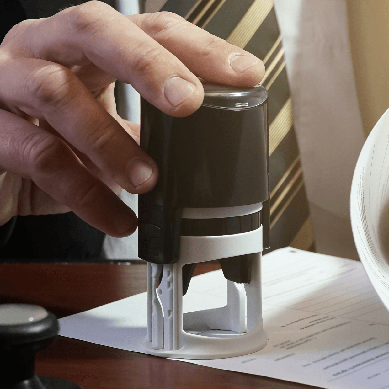 Man putting an official stamp on a piece of paper.